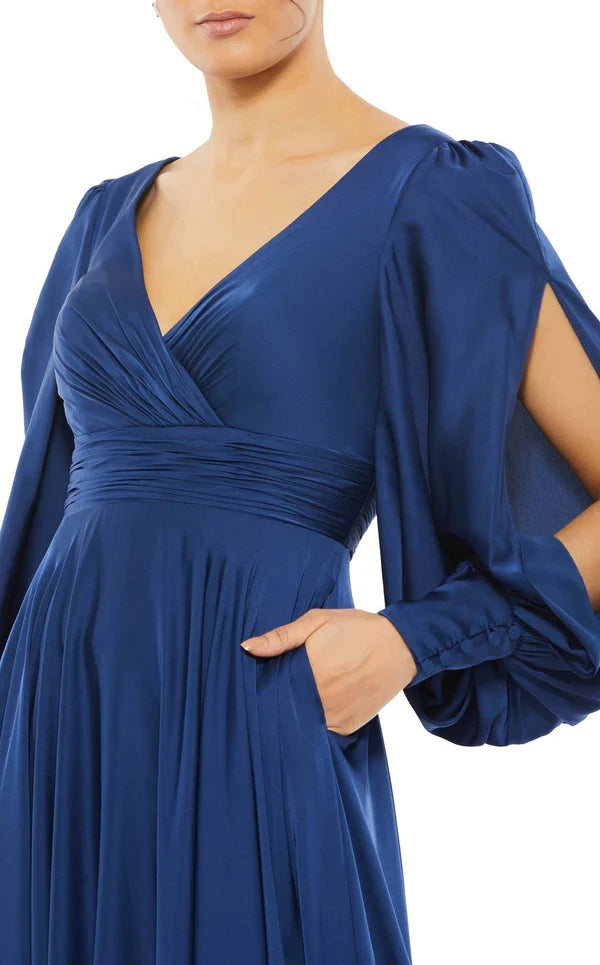 A-line V-neck satin long sleeved back zipper and floor length Prom dress