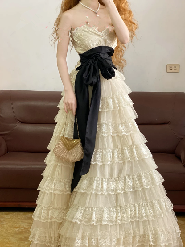 Light Apricot Strapless Waist-Cinched Tiered Ruffle Skirt Ball Gown, Bridal Gown R7342
