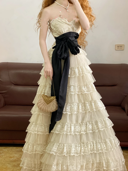 Light Apricot Strapless Waist-Cinched Tiered Ruffle Skirt Ball Gown, Bridal Gown R7342