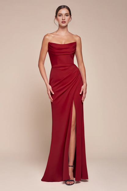 Fitted slit skirt chiffon long strapless dress