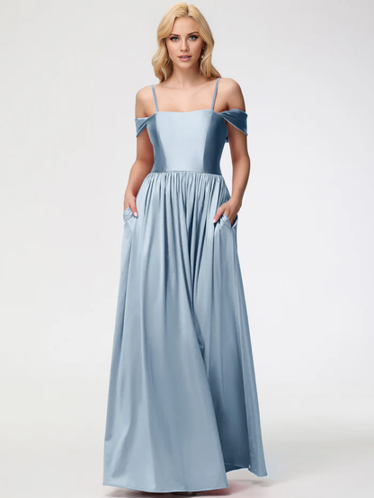 off shoulder satin and floor length Prom dress