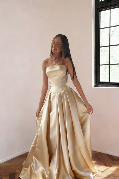 Classy Burgundy Strapless Satin Pleated Long Evening Dress Formal Wedding Guest Dress SP1732