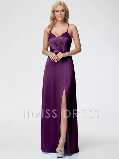 thin shoulder strap V-neck pleated backless satin slit Prom dress