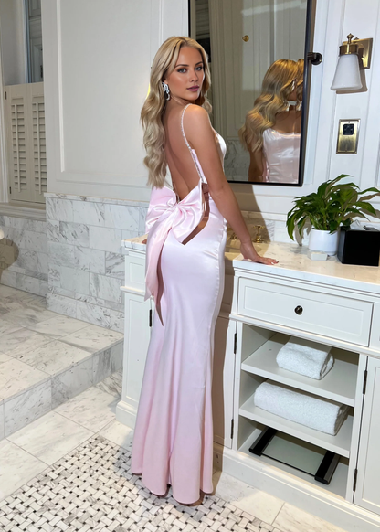 thin shoulder strap satin backless bow details Prom dress