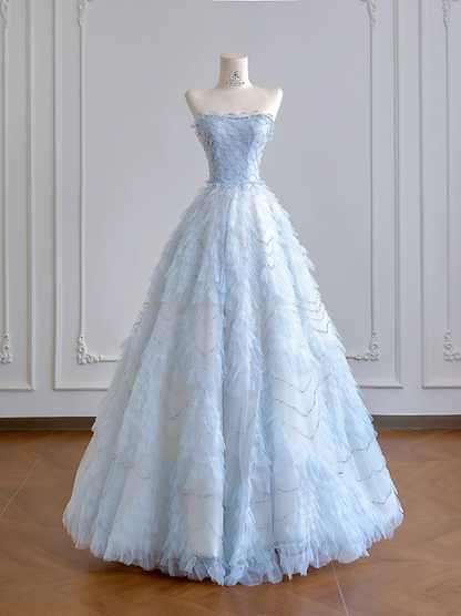Light blue strapless, fitted waist, full skirt, long ball gown R8196