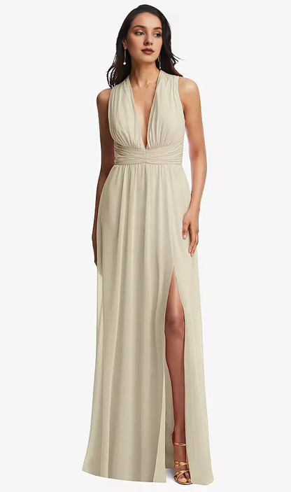 Parallel Crepe Deep V-neck backless Chiffon Long Prom Dress