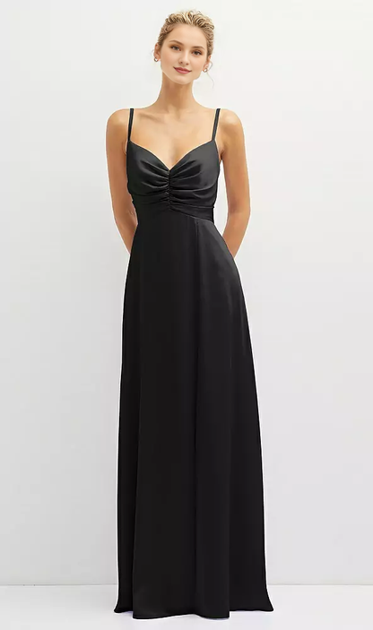 Vertical pleated tight corset satin and floor length Prom dress