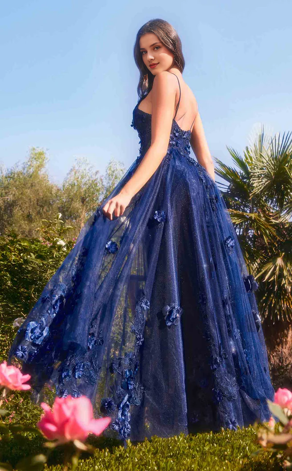A-line 3D floral decal chiffon thin shoulder strap Prom dress