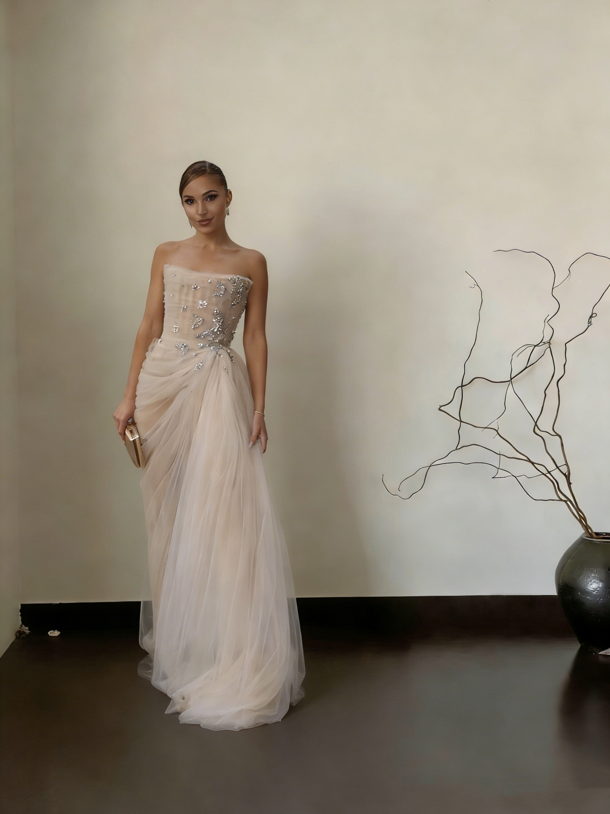 Elegant Tulle Pleated Beaded Mermaid Long Wedding Guest Dress Formal Birthday Party Dress Prom Gown SP1546