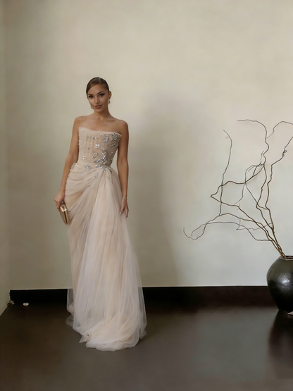 Elegant Tulle Pleated Beaded Mermaid Long Wedding Guest Dress Formal Birthday Party Dress Prom Gown SP1546