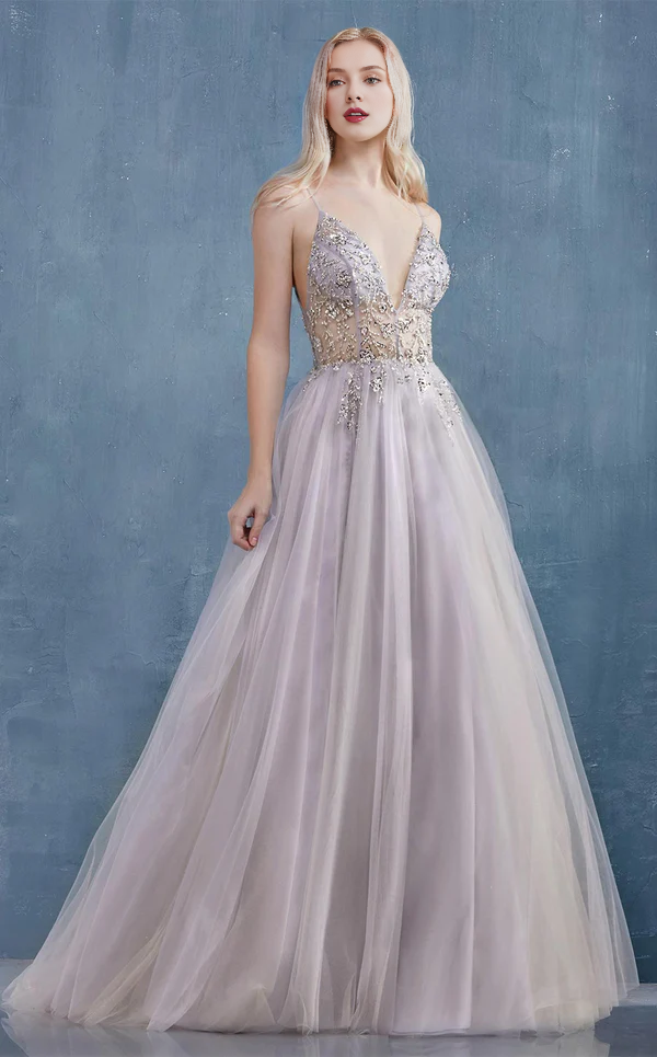 A-line deep V-neck embroidered chiffon thin shoulder strap chiffon prom dress