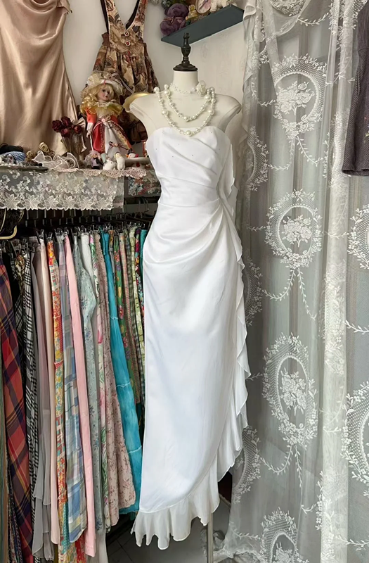 White Strapless Waist-Cinched Asymmetrical-Hem Ball Gown R7409