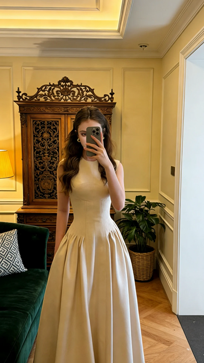 Brown sleeveless fitted long ball gown R8583