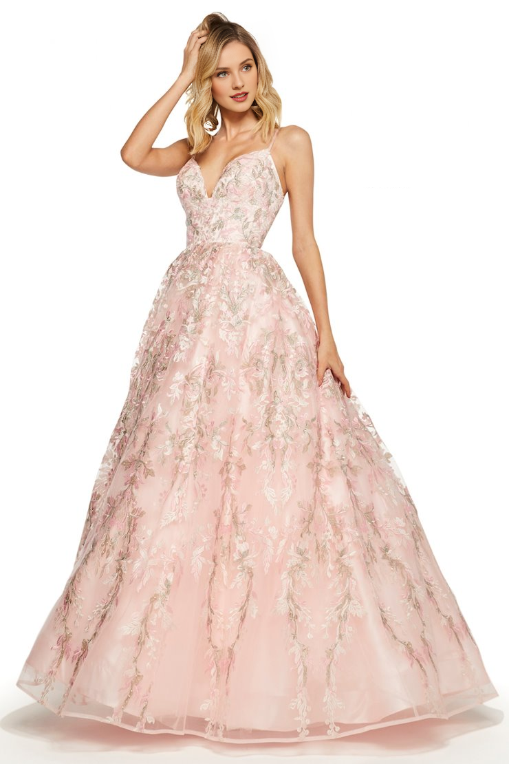 A-line V-neck sheer lace applique thin shoulder strap and floor length evening dress