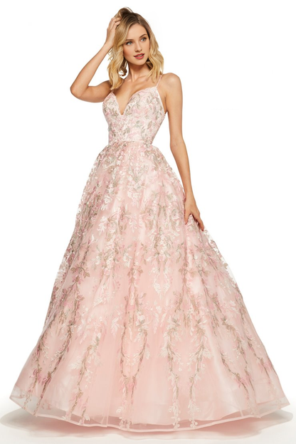 A-line V-neck sheer lace applique thin shoulder strap and floor length evening dress
