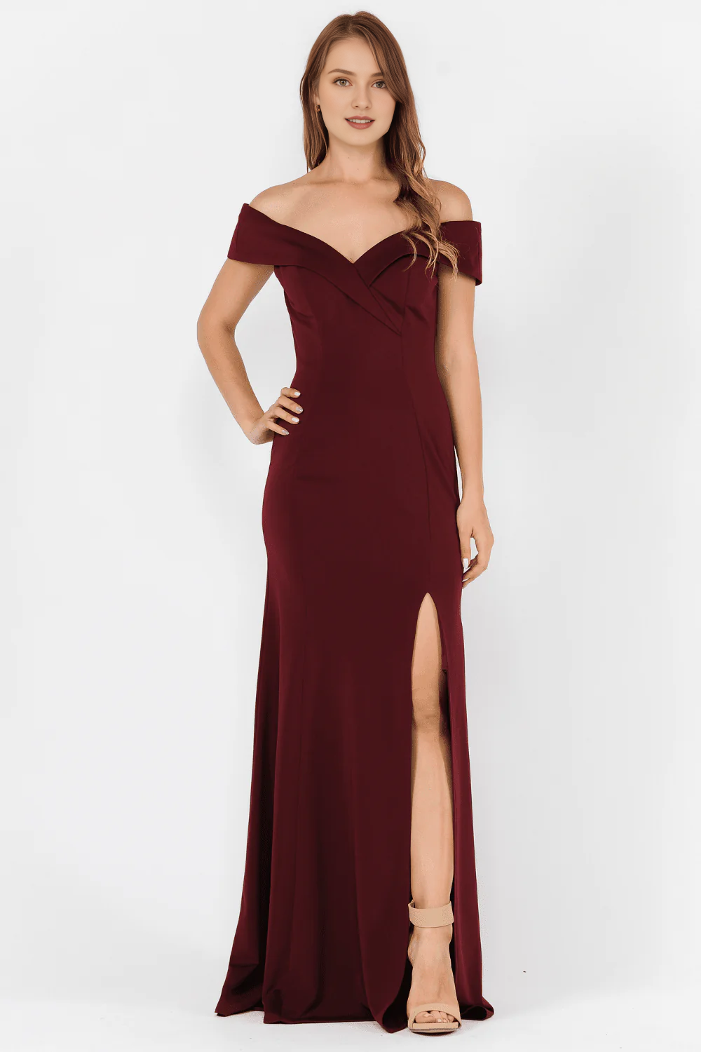 Front slit fit long off shoulder plain knit dress