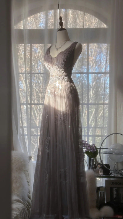 Gray Purple Romantic Fashion Elegant Exquisite Lace Floral Applique Long Tulle Fairy Ball Gown Evening Dress Birthday/Wedding Guest/Holiday Party Dress Prom Dress Valentine's Day Date Dress Bridesmaid Dress gh4031