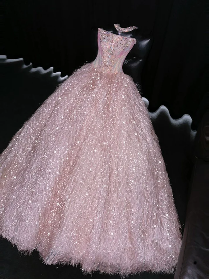 Exquisite Pink Beaded Feather Ball Gown Tulle Prom Dress Party Dress