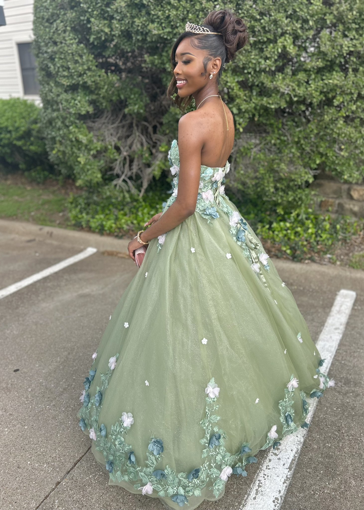Strapless Green Quinceanera Dresses 3D Flower Applique Sweet 16 Dress Ball Gown