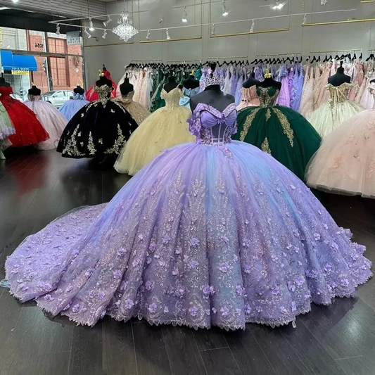 Mexico Purple Sweetheart Quinceanera Dress Beaded Appliques Corset Prom Dress 3D Flowers Ball Gown Sweet 16 Robe De Bal