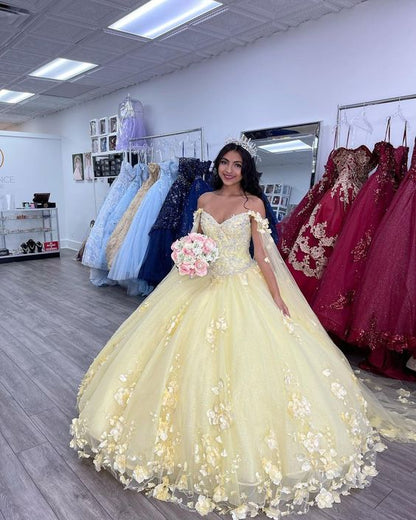 Ball Gown Quinceanera Dresses with Cape 3D Flower Princess Dresses Prom Gown