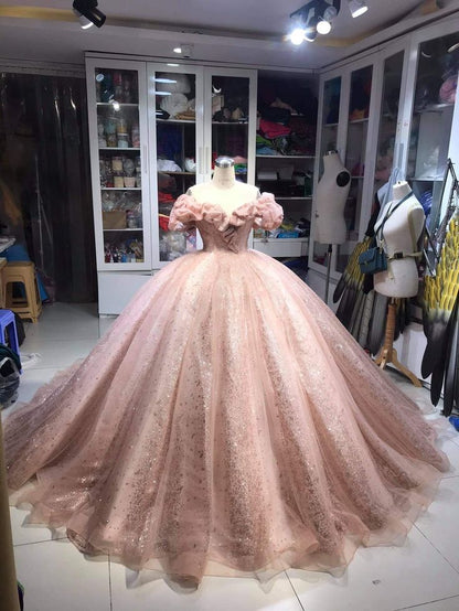 Champagne Pink Sparkly Dress Long Evening Dress Princess Sparkly Pink Dress Quinceanera Dress Ball Gowns