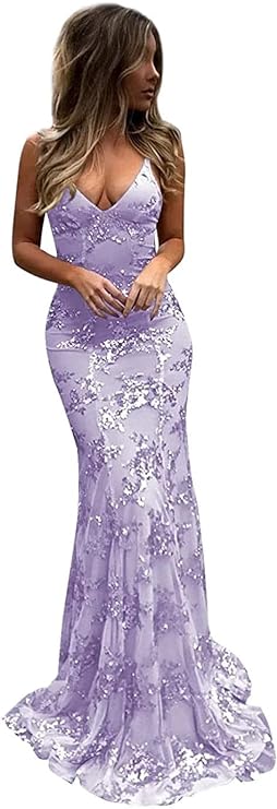 V Neck Mermaid Prom Dresses Long Glitter Sequin Sexy Backless Prom Evening Gowns