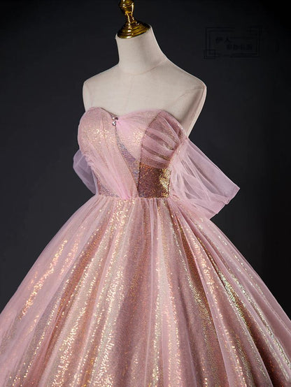 Pink Tulle Sequins Long Prom Dress Pink Tulle Long Formal Evening Gowns