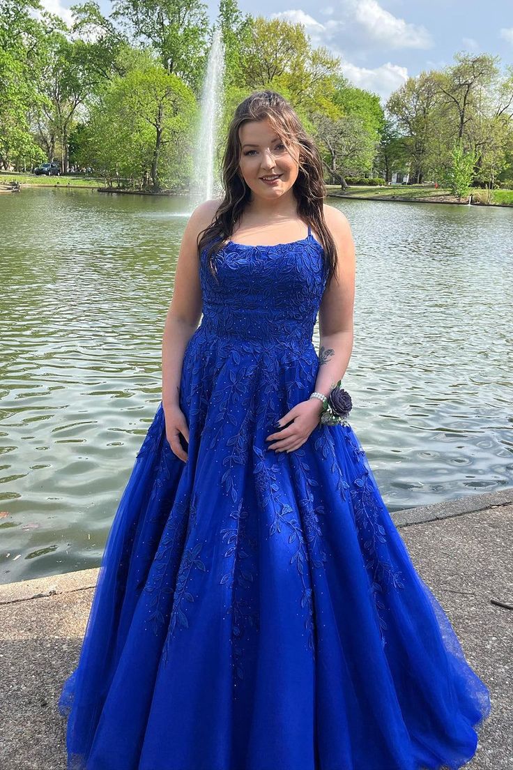 Royal Blue Lace Applique Prom Dresses A Line Long Evening Gown