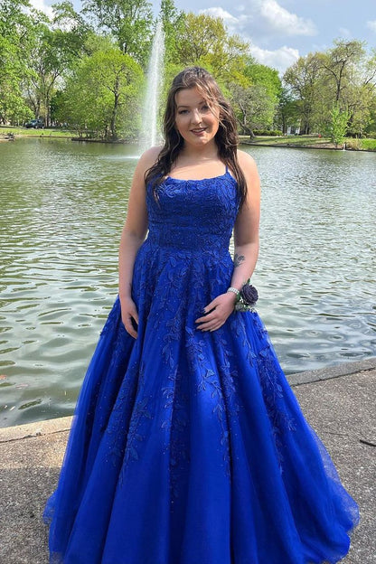Royal Blue Lace Applique Prom Dresses A Line Long Evening Gown