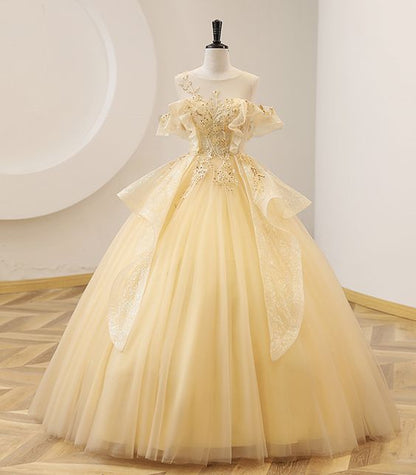 YELLOW BALL GOWN BEADED SWEET 16 DRESS YELLOW LONG PROM DRESS FORMAL DRESS