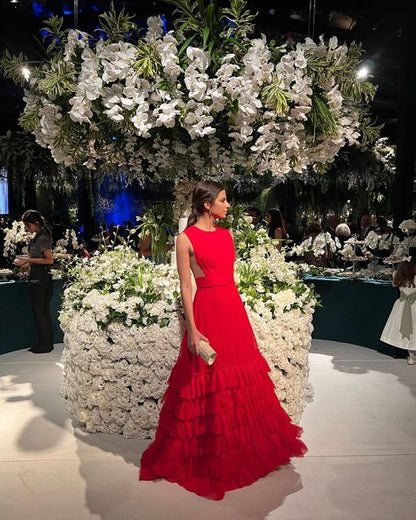 Red A Line Sleeveless Tiered O Neck Evening Night Gown Long Evening Dresses Formal Club Prom Gowns