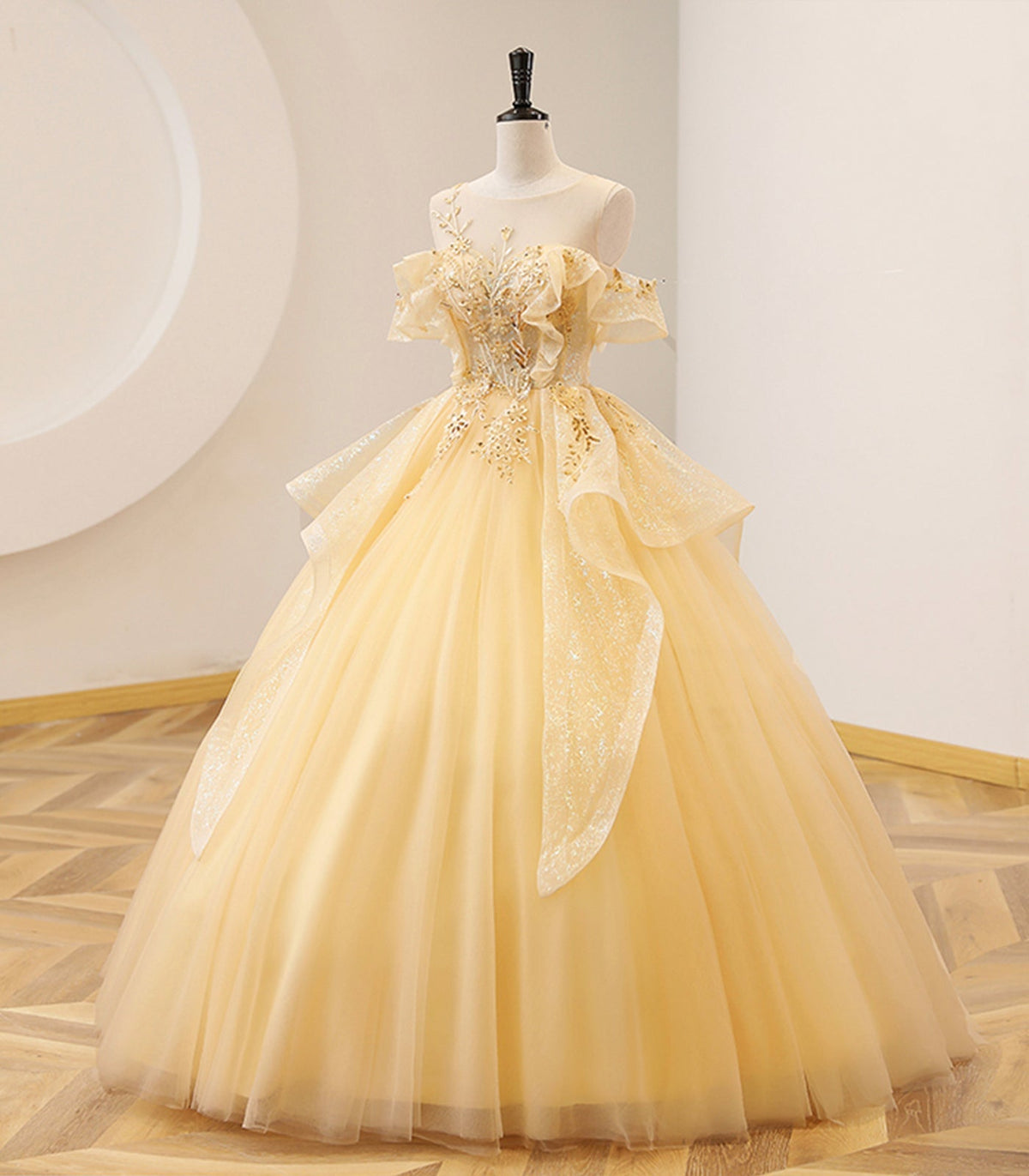 YELLOW BALL GOWN BEADED SWEET 16 DRESS YELLOW LONG PROM DRESS FORMAL DRESS