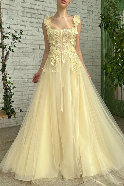 Sleeveless Evening Dress With Flowers A Line Formal Gown