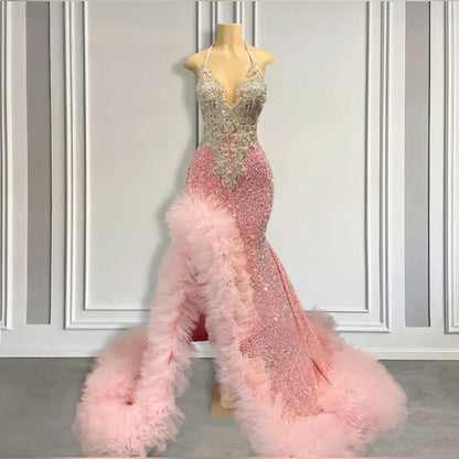 Pink Mermaid Prom Dress for Women 2024 Sparkly Black Girl Birthday Party Gown