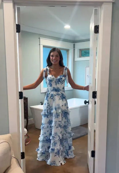 Blue floral elegant long formal evening gown sleeveless slit dress party dress gh3010