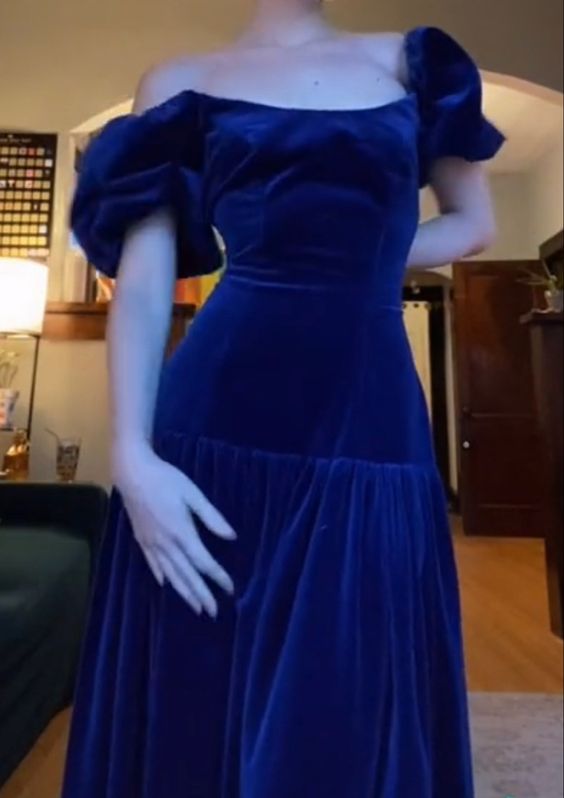 Vintage Blue Prom Dresses Elegant Dress Velvet Prom Gown