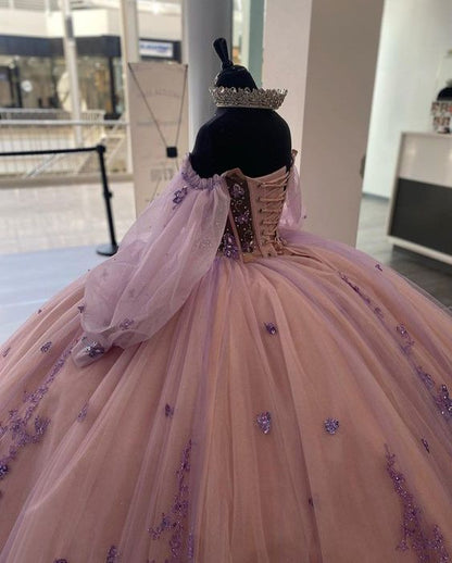 Princess 3D Butterfly Beading Crystal Ball Gown Quinceanera Dresses Illusion Sequined Appliques Lace Corset Vestidos De 15 Años