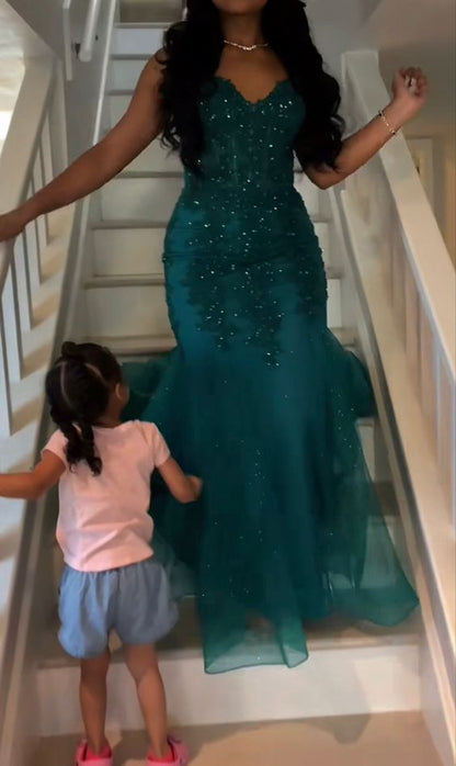 Dark Green Mermaid Tulle Lace Prom Dress Winter Formal Gown