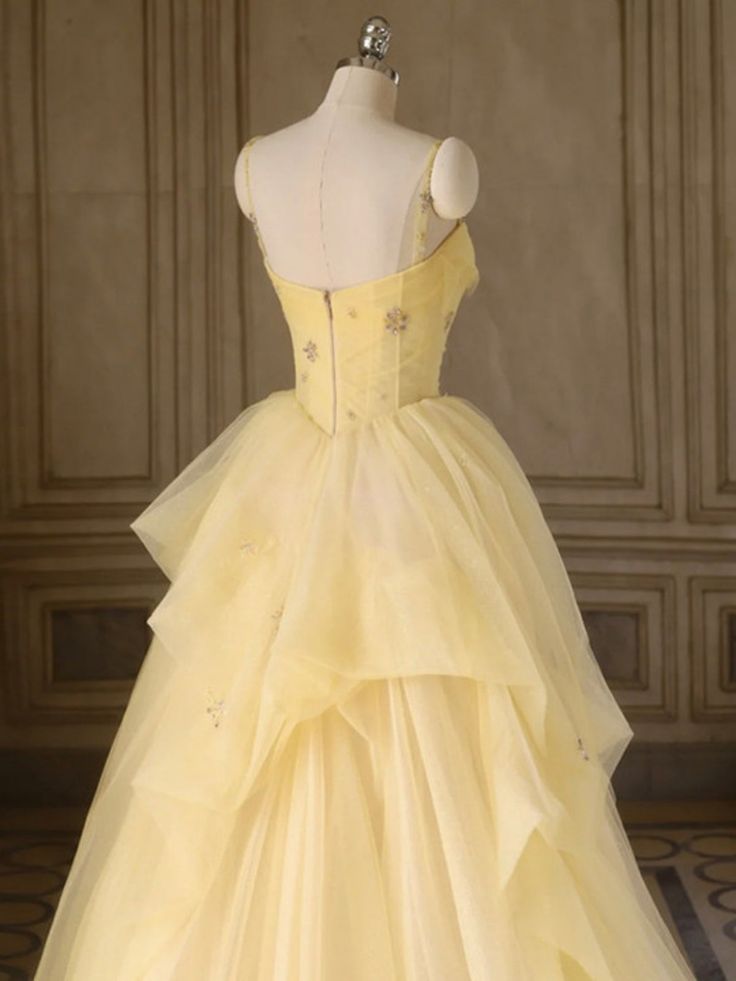 A Line Spaghetti Straps Layered Yellow Long Prom Dresses Yellow Tulle Formal Evening Dresses Ball Gown