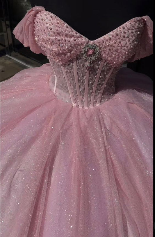 Glitter Pearls Pink Quinceanera Dresses Ball Gowns Sweet 15 16 Birthday Dress