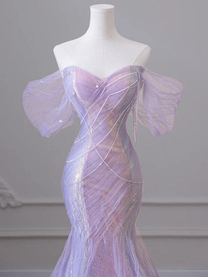 Women Evening Dress with Puff Sleeves Tassel Pearls Tulle Train Prom Gown