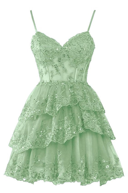 Spaghetti Straps Lace Tulle Homecoming Dresses 2024 Short Applique Corset Tiered Formal Party Gowns