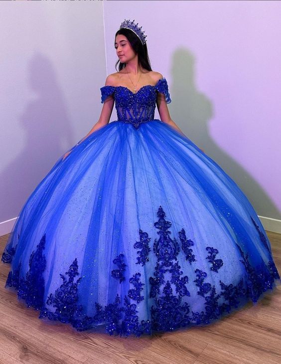 Princess Royal Blue Off The Shoulder Ball Gown Quinceanera Dress For Girls Beaded Appliques Sweet 16 Birthday Party Gowns