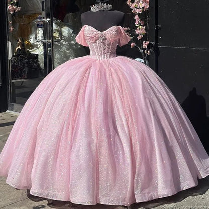 Glitter Pearls Pink Quinceanera Dresses Ball Gowns Sweet 15 16 Birthday Dress