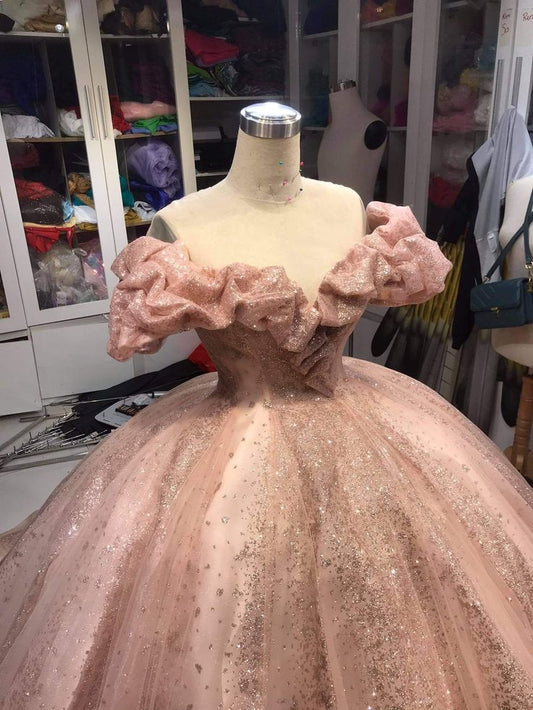 Champagne Pink Sparkly Dress Long Evening Dress Princess Sparkly Pink Dress Quinceanera Dress Ball Gowns