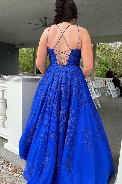 Royal Blue Lace Applique Prom Dresses A Line Long Evening Gown