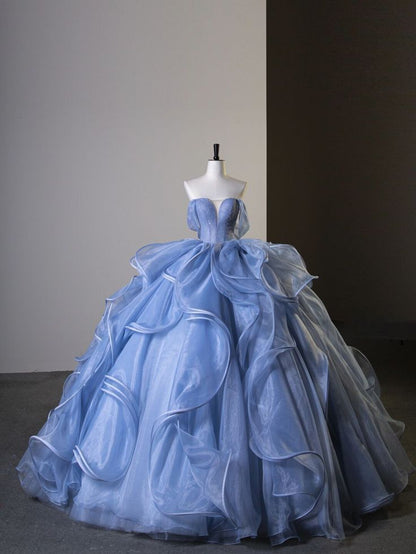 Fashion Sky Blue Ruffle Prom Dresses Ball Gown Sleeveless Prom Formal Dresses