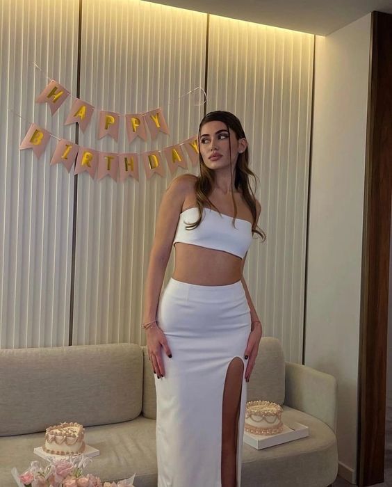 Two Piece White Long Evening Dress Prom Gown
