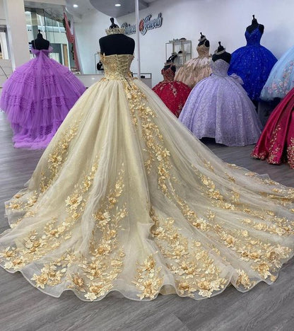 Gorgeous Champagne Sweetheart Applique Sweet 16 Quinceanera A-Line Floor-length Prom Dress Birthday Dress Evening Dress Ball Gown TP4414